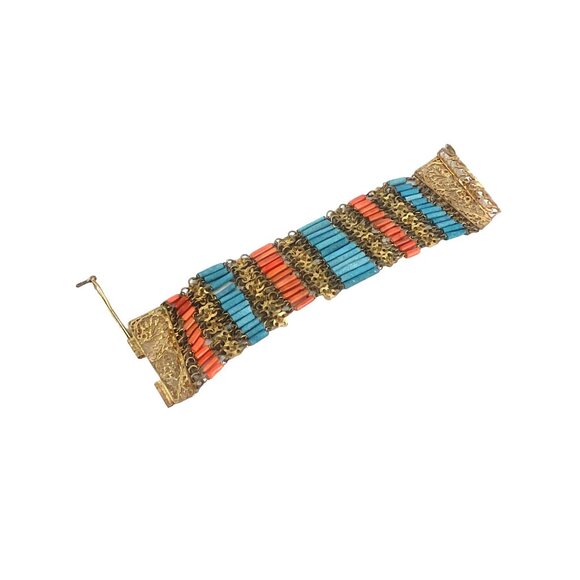 Egyptian Revival Antique Faience Coral and Turquoise Bracelets Art Deco, Estate - Picture 2 of 11